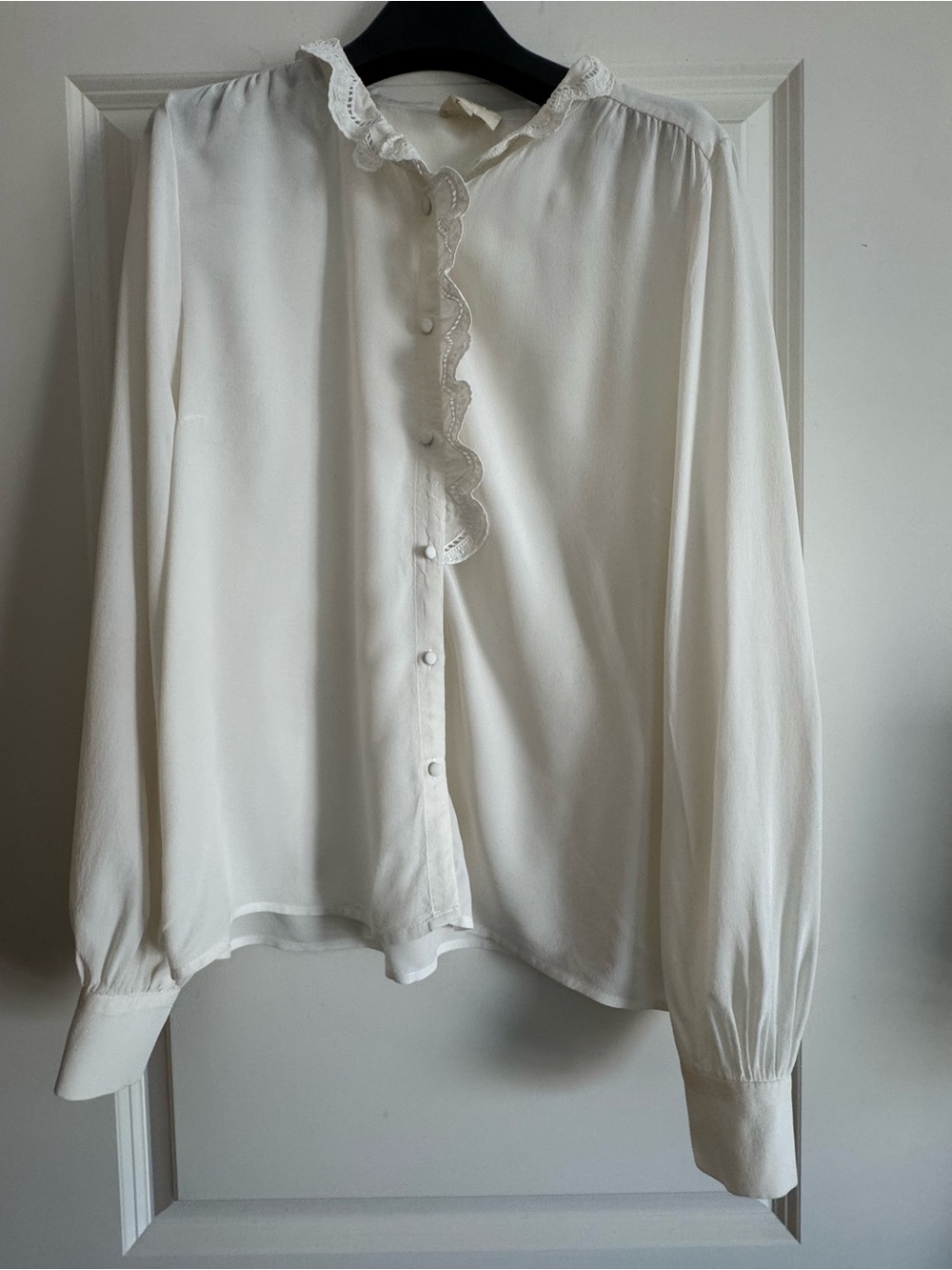Sézane Chlo Shirt Size 44 White Lace Trim Button Front Blouse